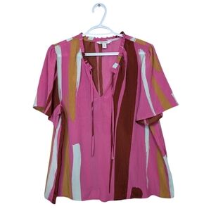 Nine West Women's XL Pink Abstract Print Blouse Top Short Sleeve Boho Flowy